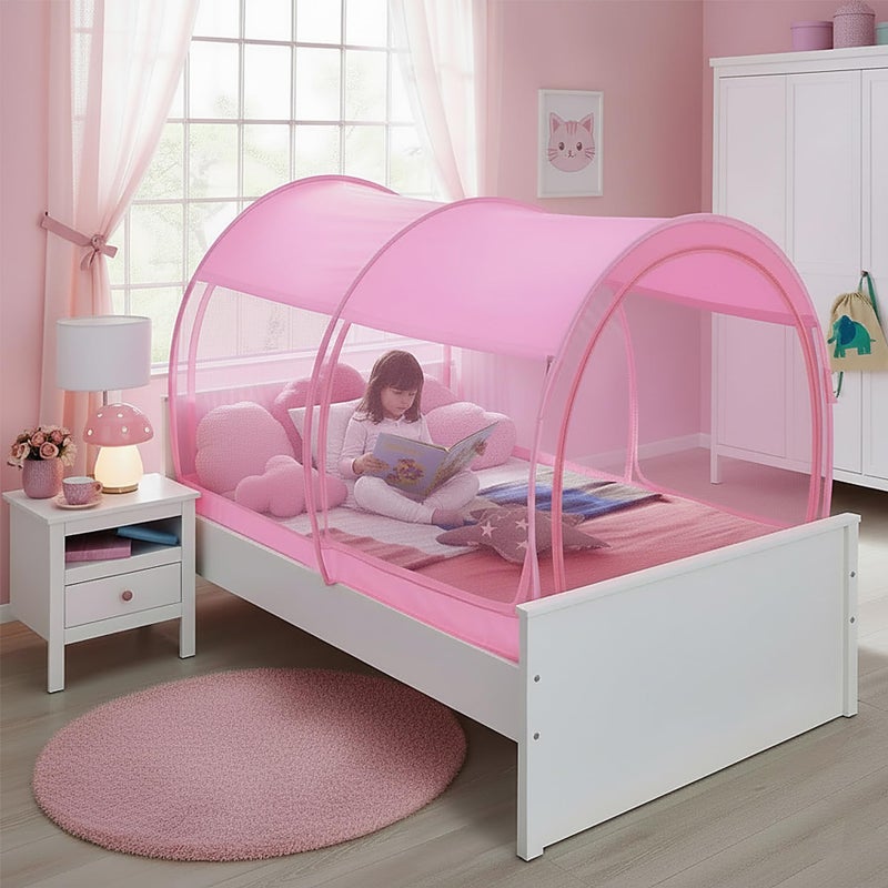 AlvantorÂ® Mosquito Net Bed Canopy Tents Dream Privacy Space Twin Size Sleeping Tents Indoor Pop Up Portable Frame Breathable Cottage Pink (Mattress Not Included) - Image 1